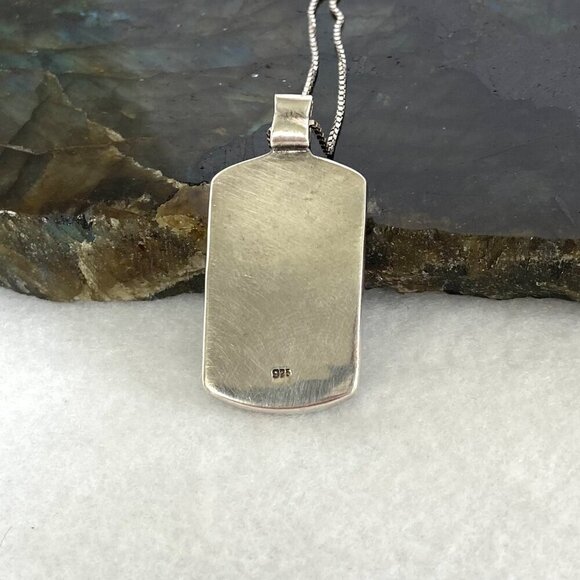 Sterling Silver 925 Dyed Mother Of Pearl MOP Geometric Inlay Pendant Necklace - Picture 8 of 16